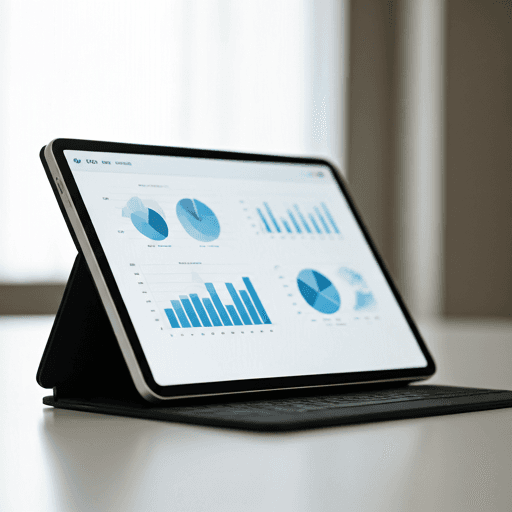 Tableta digital sobre un escritorio blanco mostrando gráficos académicos en una interfaz minimalista