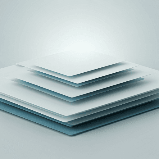 Composición 3D abstracta de capas de papel flotando en un espacio etéreo, evocando organización documental