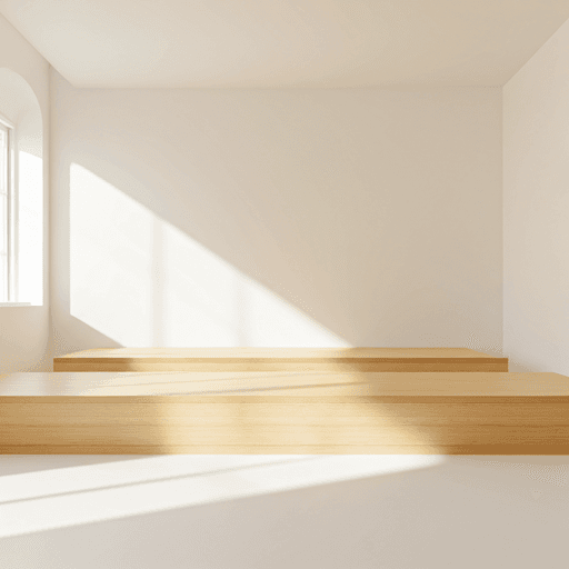 Aula moderna minimalista con mobiliario de madera clara y luz natural difusa
