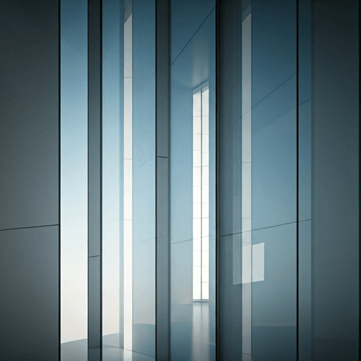 Detalle arquitectónico minimalista de un ala de biblioteca universitaria con paneles de vidrio que reflejan un cielo azul